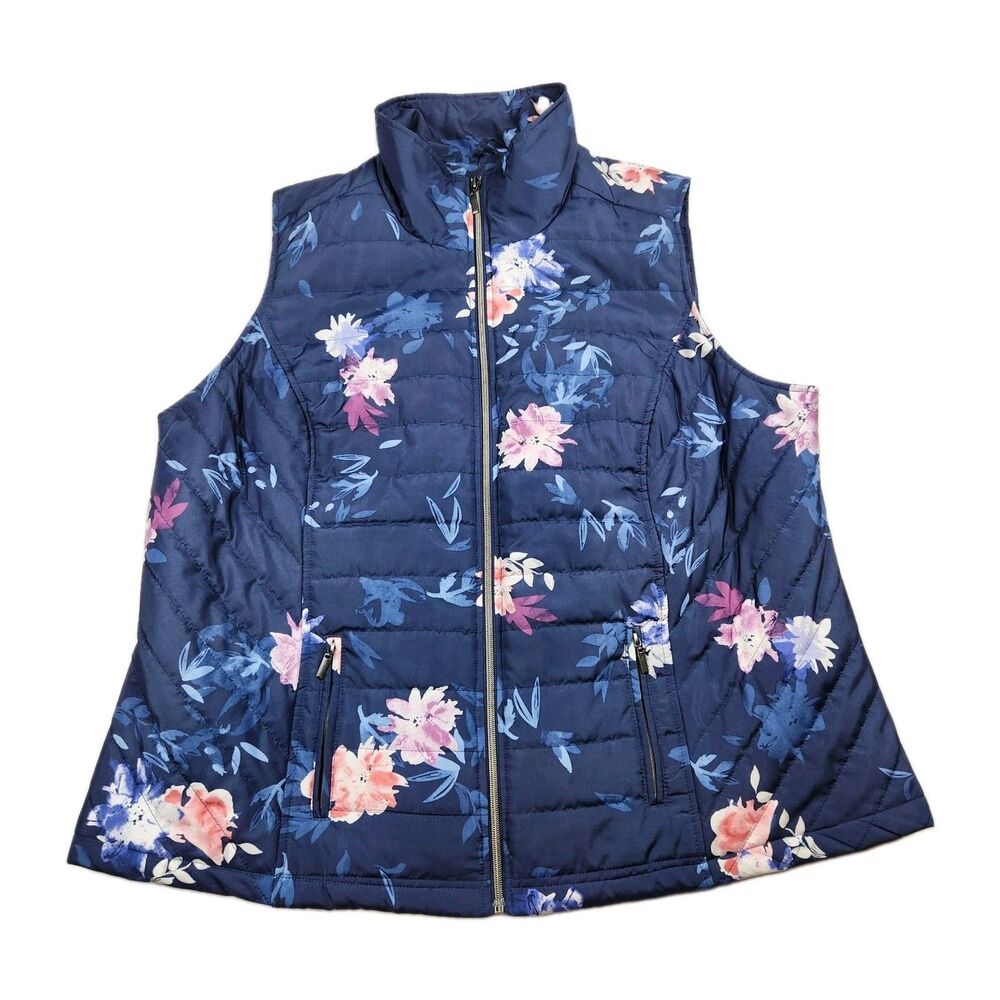 CJ Banks Floral Quilted Puffer Vest Blue Womens 2XL Full Zip Pockets Casual
